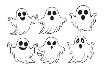 Ghost Outline. Set of Cute Cartoon Ghosts in Various Poses Halloween Clipart
