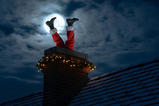 Santa in a funny predicament, stuck in a brick chimney on a rooftop under a moonlit sky. Humorous holiday trouble image