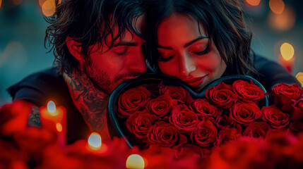 Romantic couple with red roses and candles, intimate moment of love and affection