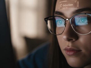 Woman wearing glasses with digital eye scanning and online claim interface on her glasses