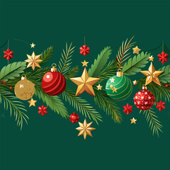 Festive Christmas Pine Garland Banner with Stars and Ornaments Vector