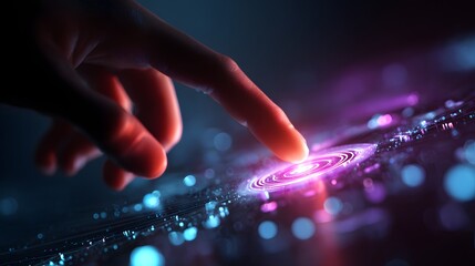 Futuristic Technology Interface with Finger Touching Glowing Digital Galaxy.