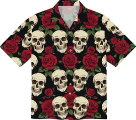 Edgy Hawaiian shirt mockup featuring seamless pattern of human skulls and red roses on black background alternative fashion apparel vector illustration.