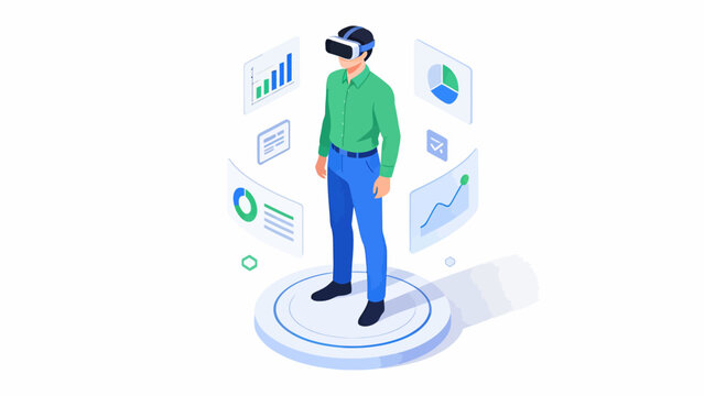 Man in VR headset surrounded by data charts