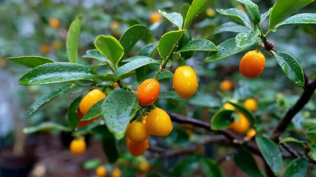 Medium shot of a dwarf kumquat tree showcasing dense green foliage with small vibrant orange fruits clustered on slender branches in a natural garden setting.