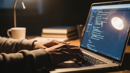 Hands typing on a laptop keyboard with a coding screen and books in the background at night.