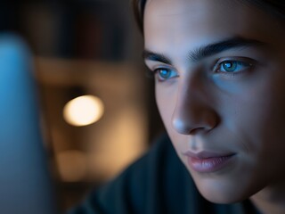Close-up of a young woman looking at a computer screen with a focused expression in a dimly lit room.