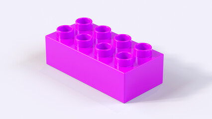 Magenta Plastic Building Block on a White Background. Children Toy Brick, Perspective View. Close Up View of a Game Block for Constructors. 3D Rendering. 8K Ultra HD, 7680x4320, 300 dpi