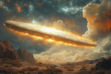 "Alien spaceship soaring in the sky."