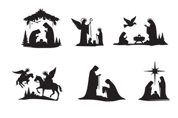 Nativity Scenes Silhouette Art Collection Festive Religious Celebration Iconography. isolated on white background