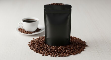 Black coffee pouch mockup surrounded by roasted beans beside a white cup of espresso on a light wooden surface for product display and branding