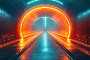 Neon-lit tunnel glowing in vibrant colors.