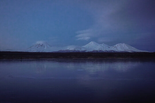 View of the Volcanoes at sunset in Petropavlovsk-Kamchatsky