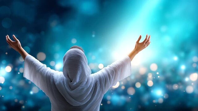 Faceless figure in white robes with arms outstretched in welcoming embrace gesture, unconditional love symbolism, soft heavenly light, defocused ethereal background, divine accepta