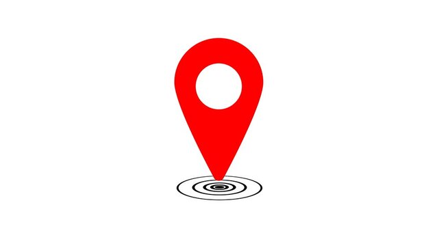 Animated 2D red location pin icon with a pulsating ripple signal for GPS navigation apps and digital map destination tracking on white background.
