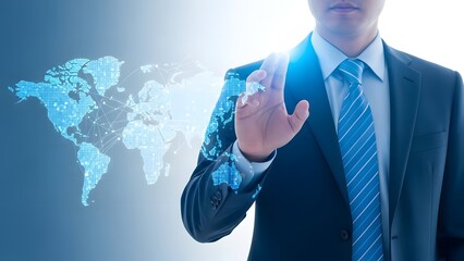 A professional in a suit interacts with a glowing digital world map representing global connectivity