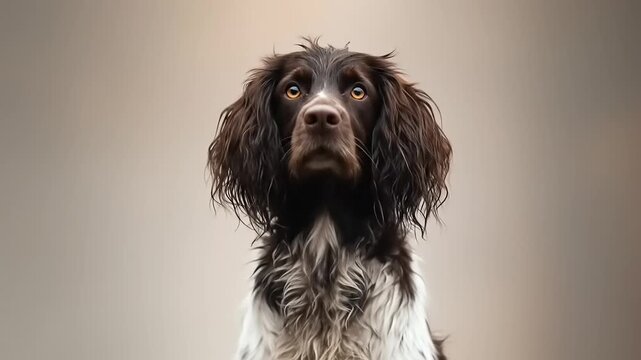 Portrait of a spaniel breed dog with brown and white fur, golden eyes, facing the camera