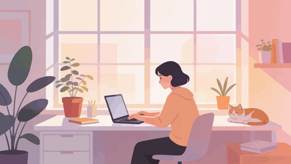 Person working on laptop with cat nearby © Scuti