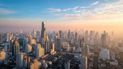 Obraz premium High Rise Cityscape at Sunrise with Golden Light