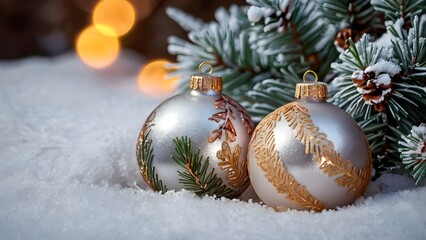 Festive holiday ornaments nestled among frosted pine needles, soft snowfall accents, warm glowing lights, cozy winter mood, elegant Christmas composition.