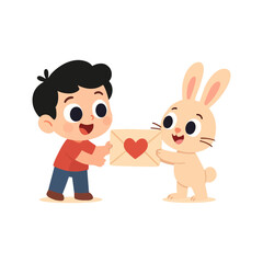 A boy delivers a heartfelt love letter to a cheerful bunny friend