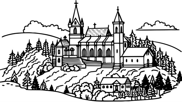 Very beautiful aerial view of Holy Hill in Wisconsin, featuring a medieval-style church atop a wooded hill, rising above surrounding countryside with spiritual presence and striking architectural symm