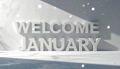 Welcome January greeting with snow and white background