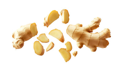 Falling fresh ginger cut slices on transparent PNG or white background.