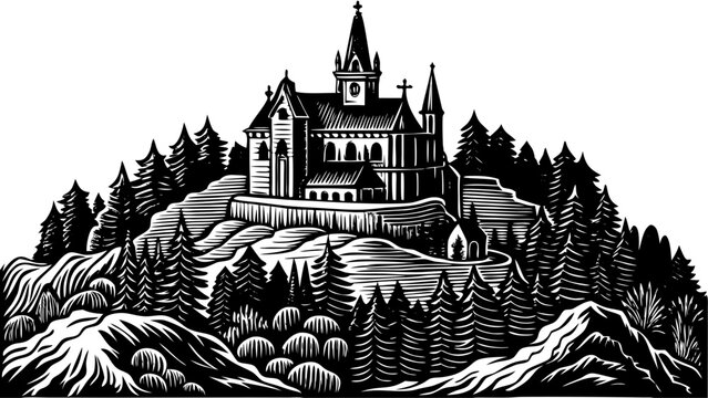 Very beautiful aerial view of Holy Hill in Wisconsin, featuring a medieval-style church atop a wooded hill, rising above surrounding countryside with spiritual presence and striking architectural symm