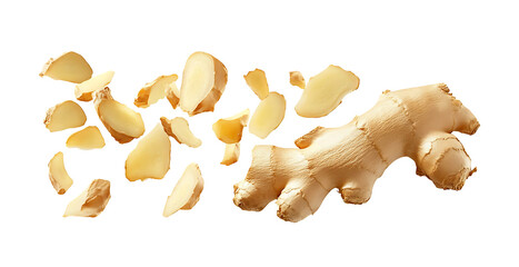 Falling fresh ginger cut slices on transparent PNG or white background.