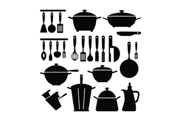 Collection of black silhouette icons representing kitchenware, including pots, pans, utensils, and a knife.