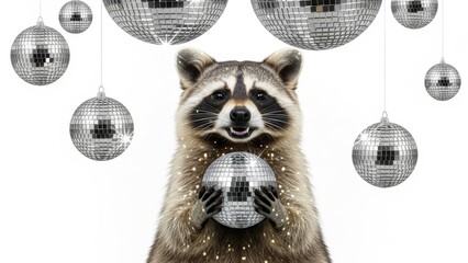raccoon with a mirrored disco ball, party celebration, on a white background, party animal photo