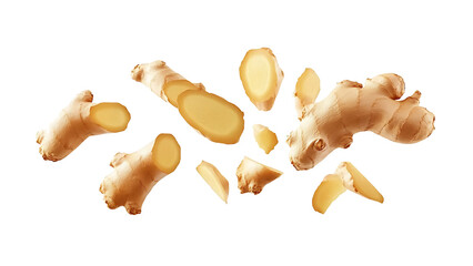 Falling fresh ginger cut slices on transparent PNG or white background.