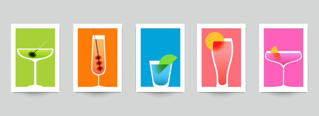 Cocktail drinks illustration in minimalist fashion style for card, poster, cover, menu, banner. Set templates vector art with bright gradient or blurred elements.