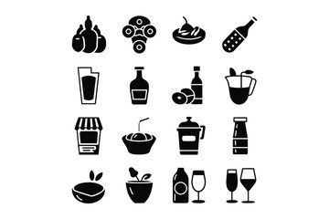 Collection of black silhouette icons for drinks and beverages, including bottles, glasses, and fruit.