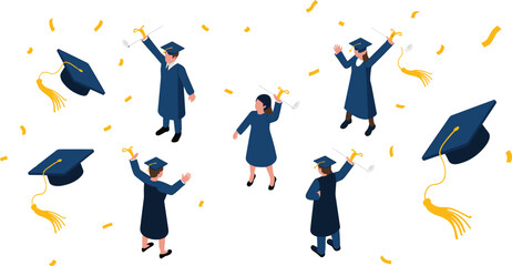 Isometric graduation celebration illustration, happy graduates holding diplomas, academic achievement concept, education success, commencement ceremony, student accomplishment