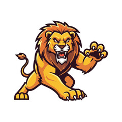 A powerful and ferocious lion mascot character, rendered in a simple 2D flat vector illustration style, stands ready in a strong aggressive attack pose on a clean white background.