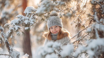 Smiling girl stands in a snowy forest creating a winter portrait