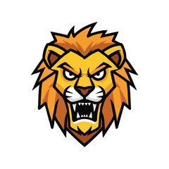 Striking angry lion mascot face vector illustration, presented in a minimalist 2D flat style with thick, bold outlines, conveying ferocity and power against a simple white backdrop.