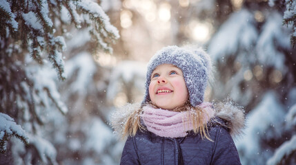 Smiling girl stands in a snowy forest creating a winter portrait