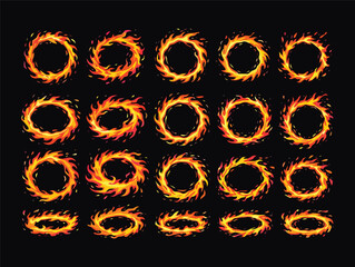 Vibrant flame rings in various sizes on black background