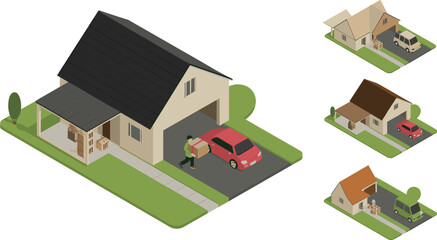 Isometric home delivery illustration, modern suburban house, courier carrying parcel, residential logistics service, ecommerce shipping, doorstep delivery concept