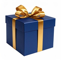 A navy blue gift box with a gold ribbon and bow, isolated