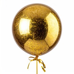 Shiny, golden orb balloon with glitter, ribbon, and stem, isolated on white