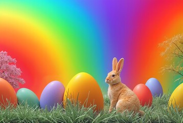 Fototapeta premium Easter bunny sitting in lush green grass, huge vibrant colored eggs arranged around the spring landscape, rainbow gradient background, festive scene