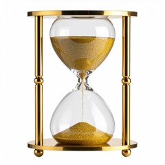 Ornate gold hourglass with yellow sand against a white backdrop
