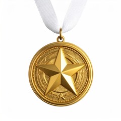 Gold medal with star on white ribbon, isolated on white background