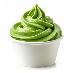 Swirled green dessert in a white cup, topped with tiny sprinkles