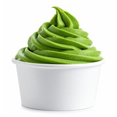 Swirled green dessert in a white cup, isolated on white background