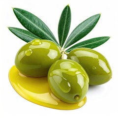 Three green olives with leaves, in a pool of golden olive oil